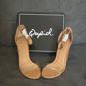 Qupid Tan Ankle-Strap Stiletto Heels with Clear Toe Band